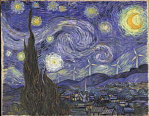 Sterrennacht van Van Gogh als er windmolens bestaan hadden