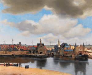 Gezicht op Delft van Johannes Vermeer als er windmolens bestaan hadden